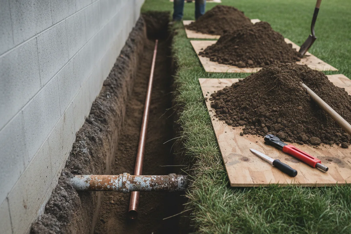 Excavated water line trench during Water Heater Repair in Merchantville